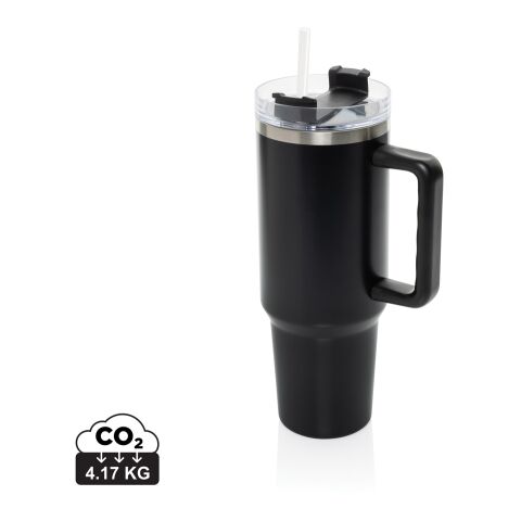 Werbeartikel 1,2 l Stadley Thermobecher aus recyceltem Edelstahl, doppelwandiger Vakuum-Tumbler mit Griff & Strohhalm – schwarz – mit Logo bedruckt