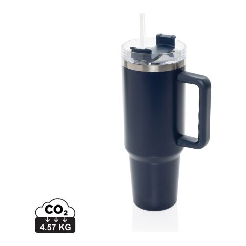 Werbeartikel 1,2 l Stadley Thermobecher aus recyceltem Edelstahl, doppelwandiger Vakuum-Tumbler mit Griff & Strohhalm – navy blau – mit Logo bedruckt