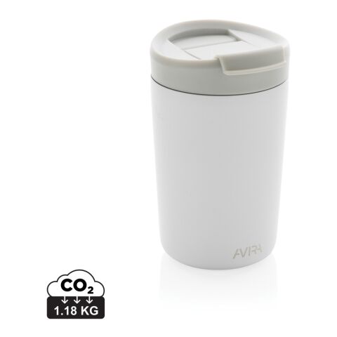 Werbeartikel Avira Alya 300 ml Coffee-to-go Thermobecher aus Recycling-Edelstahl isolierend mit Deckel & Box – weiß – mit Logo bedruckt