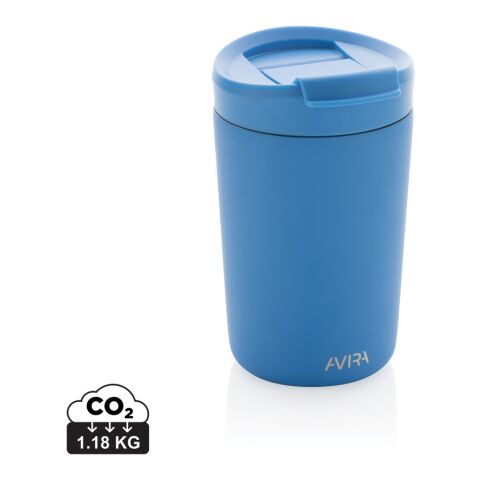 Werbeartikel Avira Alya 300 ml Coffee-to-go Thermobecher aus Recycling-Edelstahl isolierend mit Deckel & Box – blau – mit Logo bedruckt