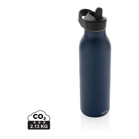 Werbeartikel Avira Ara 500 ml Trinkflasche 96% RCS recycelter Edelstahl Fliptop mit Strohhalm 20h kalt isoliert – navy blau – mit Logo bedruckt