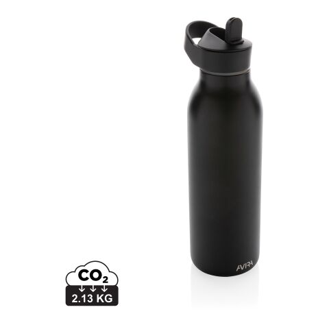 Werbeartikel Avira Ara 500 ml Trinkflasche 96% RCS recycelter Edelstahl Fliptop mit Strohhalm 20h kalt isoliert – schwarz – mit Logo bedruckt