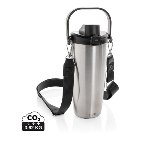 Werbeartikel Avira Ayala 600ml Crossbody Becher aus RCS recyceltem Stahl mit Trageband & Duosip Deckel – silber – mit Logo bedruckt