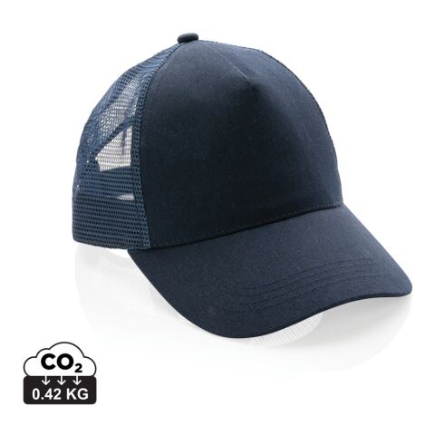 Mitarbeitergeschenk Cap Impact AWARE 190gr Brushed rCotton – marineblau – mit Logo bestickt nachhaltige 5 Panel Trucker-Cap klassisches Baseball Cap