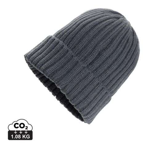 Mitarbeitergeschenk Mütze Kennedi AWARE Polylana – grau – mit Logodruck, aus recycelten Materialien, moderner Beanie für das Büro