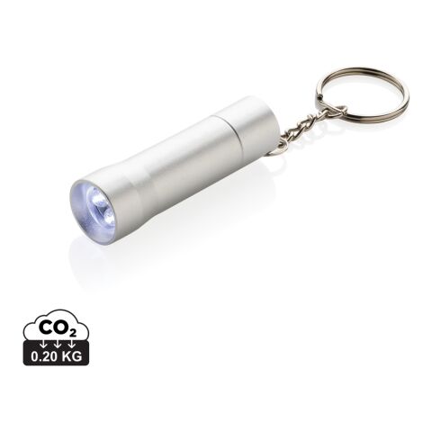 Werbeartikel Flash Schlüsselanhänger-Taschenlampe aus RCS rec. Aluminium – silbergrau – mit Logo bedruckt