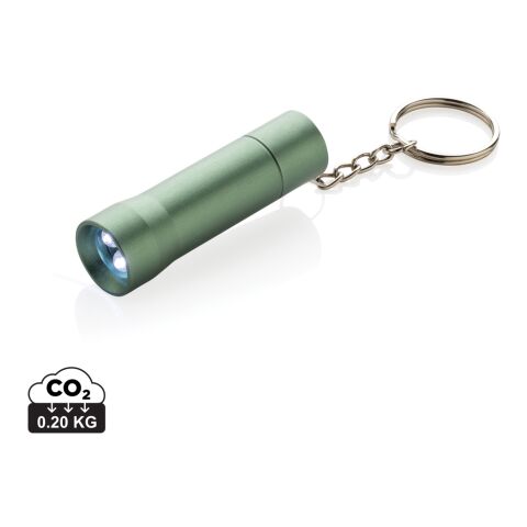 Werbeartikel Flash Schlüsselanhänger-Taschenlampe aus RCS rec. Aluminium – grün – mit Logo bedruckt