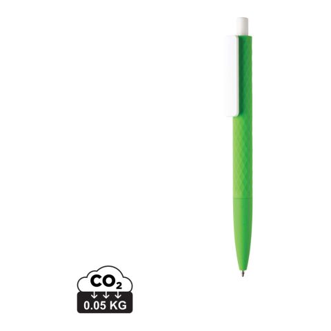 Werbeartikel X3-Stift – grün-weiß – mit Logo bedruckt blauschreibender Druckkugelschreiber mit Smooth-Touch Finish für Messen
