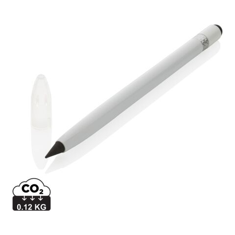Werbeartikel Tintenloser Stift aus Aluminium mit Radiergummi – weiß – mit Logo bedruckt
