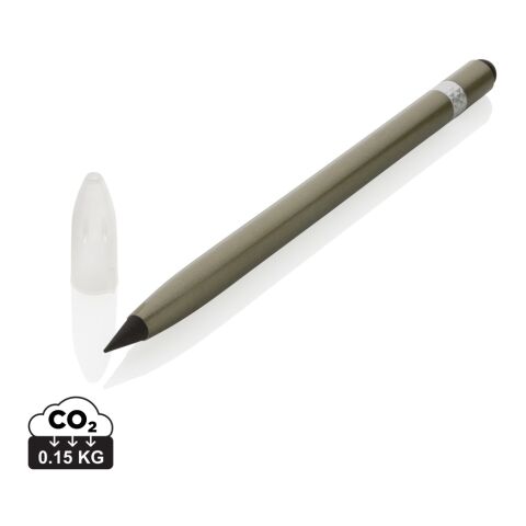 Werbeartikel tintenloser Stift Aluminium – grün – mit Logo bedruckt mit Radiergummi für den Büroalltag