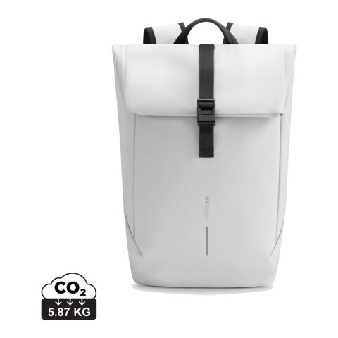 Werbeartikel Urban wasserabweisender Flap-Top Rucksack – grau-schwarz – mit Logo bedruckt