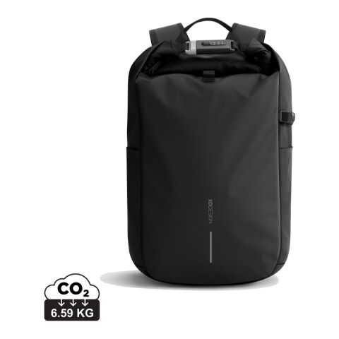 Mitarbeitergeschenk Rucksack Urban – schwarz-grau – mit Logodruck für 16 Zoll Laptop, nachhaltiger Backpack mit RFID-Schutz für Außendienst