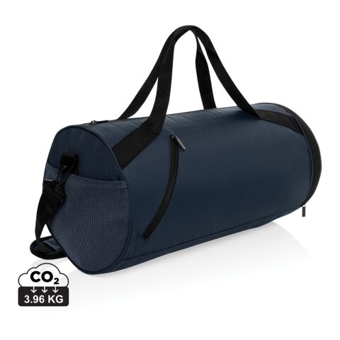 Mitarbeitergeschenk Sporttasche Aware RPET True – navy blau – mit Logodruck, nachhaltig, geräumige Reisetasche für Sport & Firmen-Events