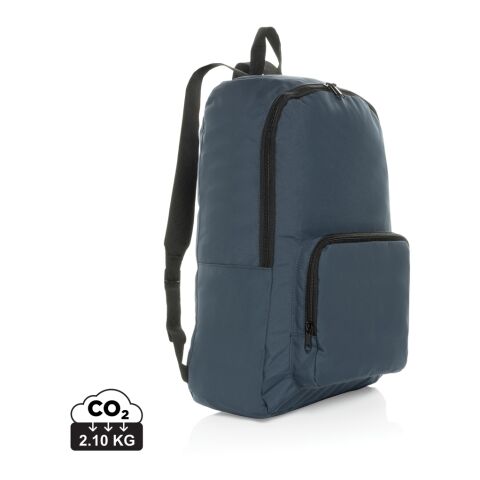 Mitarbeitergeschenk Dillon AWARE Rucksack – navy blau – mit Logo bedruckt nachhaltiger faltbarer Begleiter aus recyceltem Polyester
