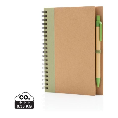 Kraft Spiral-Notizbuch mit Stift grün | 1-farbiger Tampondruck | neben dem Clip | 5 mm x 60 mm