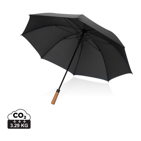 Werbeartikel Tony Aware RPET 30" Schirm mit auto. Öffnung & Akaziengriff – schwarz – mit Logo bedruckt