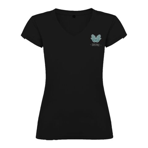 Werbeartikel Victoria T-Shirt mit V-Ausschnitt für Damen – schwarz – XL – mit Logo bedruckt