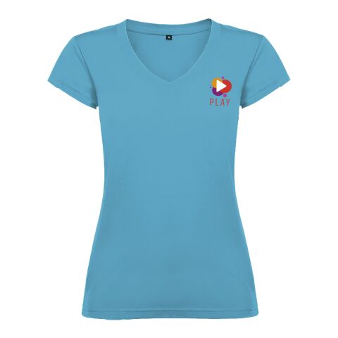 Werbeartikel Victoria T-Shirt mit V-Ausschnitt für Damen – türkis – S – mit Logo bedruckt
