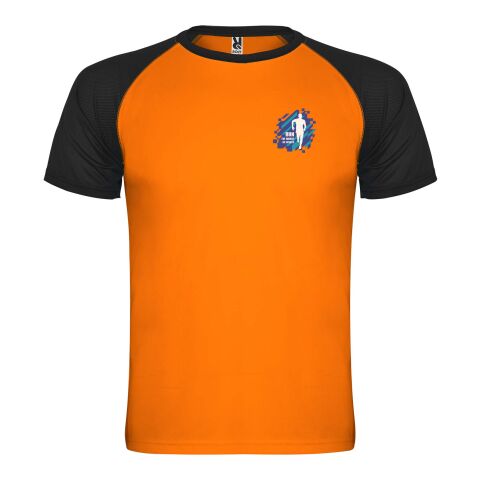 Werbeartikel Indianapolis T-Shirt Unisex aus recyceltem Material – fluor orange-schwarz – S – mit Logo bedruckt