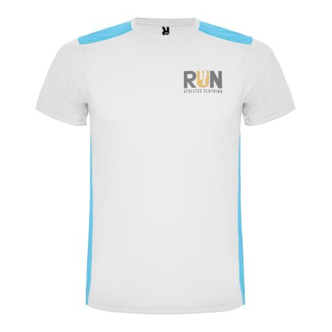 Werbeartikel Detroit T-Shirt Unisex aus recyceltem Material – weiß-türkis – 2XL – mit Logo bedruckt