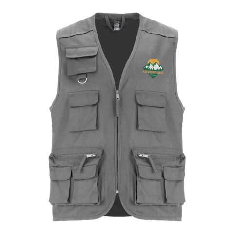 Werbeartikel Venera Arbeitsweste mit V-Ausschnitt und mehreren Taschen, 200 g/m2 – Lead – M – mit Logo bedruckt