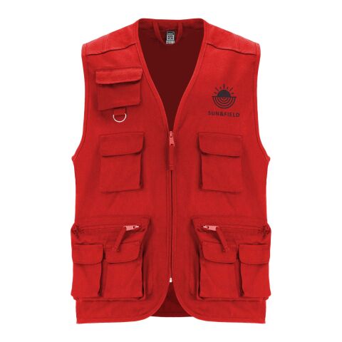 Werbeartikel Venera Arbeitsweste mit V-Ausschnitt und mehreren Taschen, 200 g/m2 – rot – M – mit Logo bedruckt