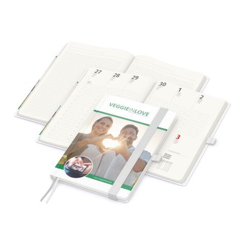 Nachhaltiger Werbeartikel Wochenkalender vorne + Notizen hinten Match-Hybrid RECYCLING Papier-Hardcover A5 – Weiß – DIN A5 – mit Logo bedruckt