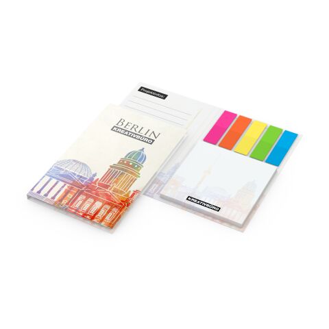 Werbeartikel Haftnotiz-Set Berlin Zettel quadratisch Karton-Umschlag mit Buchöffnung – 79 × 128 mm – mit Logo bedruckt