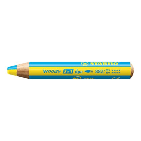 Werbeartikel STABILO woody duo Farbstift – gelb/türkis – mit Logo bedruckt