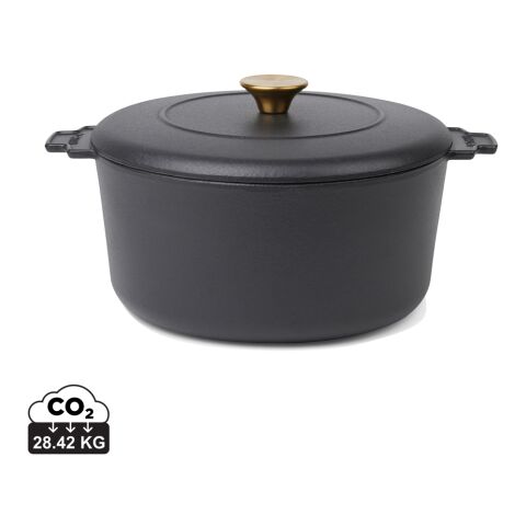 Mitarbeitergeschenk Kokotte VINGA Monte Heritage – schwarz – mit Logodruck 5,5 L gusseiserner Bräter als langlebiger Schmortopf für Profiküchen