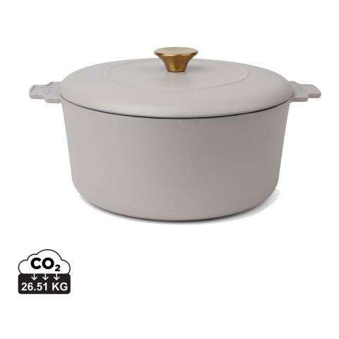 Werbeartikel VINGA Monte Heritage Kokotte 5,5L Gusseisen emailliert Induktion Messingknauf Bräter Bistro-Optik edel – grau – mit Logo bedruckt