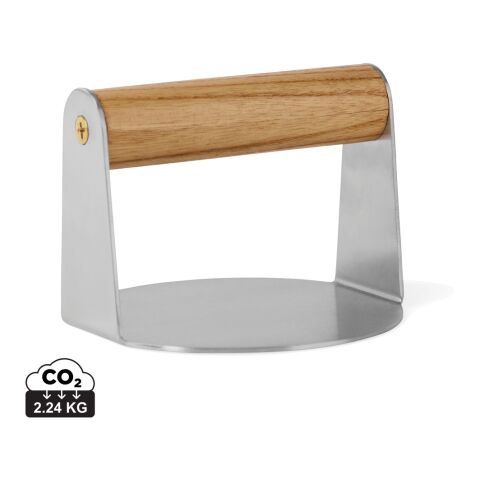 Werbeartikel VINGA Paso Smash Burgerpresse, Edelstahl mit FSC -Eschenholzgriff (11cm), Premium-Küchentool für BBQ-Events – braun – mit Logo bedruckt