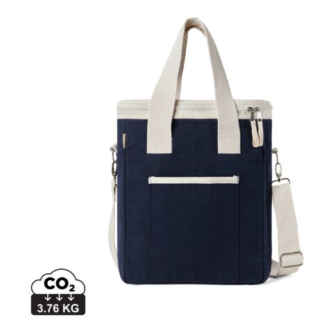 Werbeartikel VINGA Volonne AWARE Kühltasche aus recyceltem Canvas – blau-off white – mit Logo bedruckt