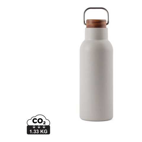 Werbeartikel VINGA Ciro 580 ml Vakuumflasche RCS recycelter Edelstahl mit Akazienholz-Deckel & Trageschlaufe isoliert – grau – mit Logo bedruckt