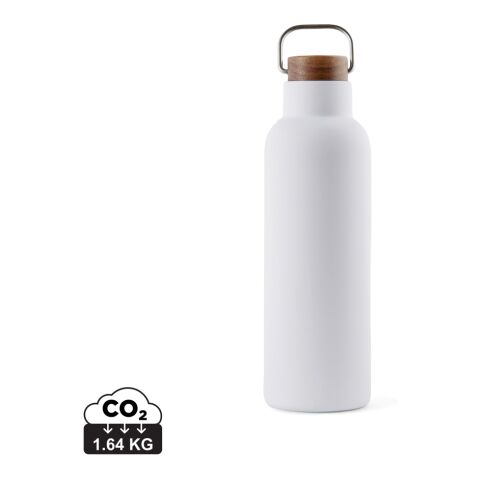 Werbeartikel Edelstahl Vakuumflasche 800 ml VINGA Ciro RCS recycelt doppelwandig Akazienholz Deckel BPA-frei – weiß – mit Logo bedruckt