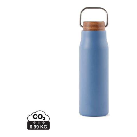 Werbeartikel VINGA Ciro 300ml Vakuumflasche aus recyceltem Edelstahl Akazienholz-Deckel RCS-zertifiziert Isolierkanne – blau – mit Logo bedruckt