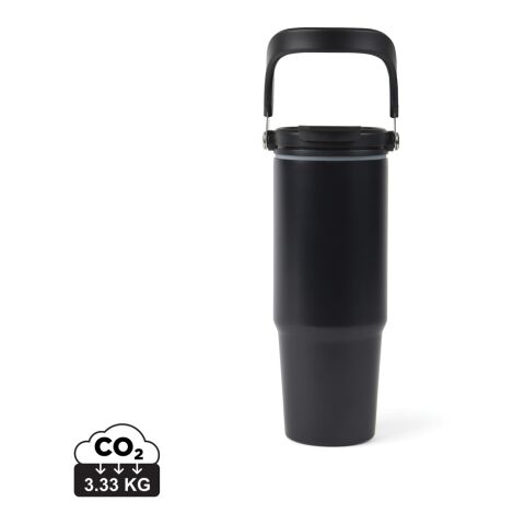Werbeartikel 880 ml VINGA Eos Trek Isolierflasche aus RCS-recyceltem Edelstahl, Vakuum-Isolation & Tragegriff – schwarz-schwarz – mit Logo bedruckt