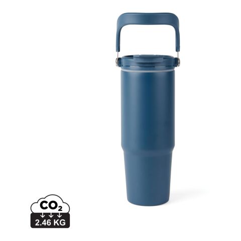 Werbeartikel 880 ml VINGA Eos Trek Isolierflasche aus RCS-recyceltem Edelstahl, Vakuum-Isolation & Tragegriff – navy blau – mit Logo bedruckt