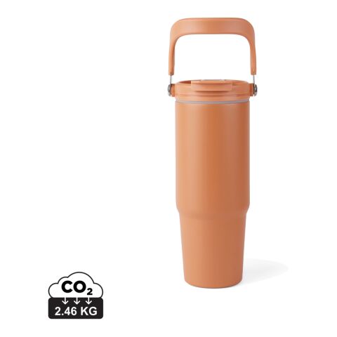 Werbeartikel 880 ml VINGA Eos Trek Isolierflasche aus RCS-recyceltem Edelstahl, Vakuum-Isolation & Tragegriff – orange-orange – mit Logo bedruckt