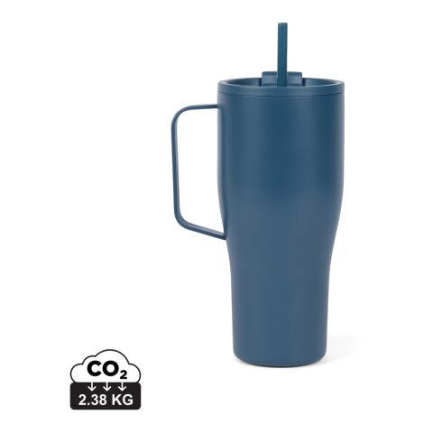Werbeartikel VINGA Eos Voyager 800 ml Coffee-to-go Thermobecher aus RCS Recycling-Edelstahl vakuumisoliert mit Strohhalm – navy blau – mit Logo