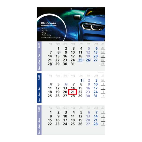 3-Monatskalender Einblatt Logic 3 Post A EXPRESS Design-Kalendarium Blau | 300 × 560 mm | ohne Werbeanbringung