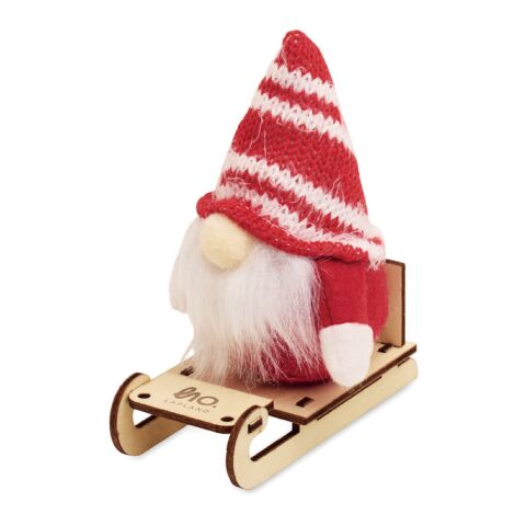 Werbeartikel Wichtel auf Holzschlitten – rot – mit individuellem Werbedruck aus Strick Filz Pappelholz weihnachtliche Dekoration