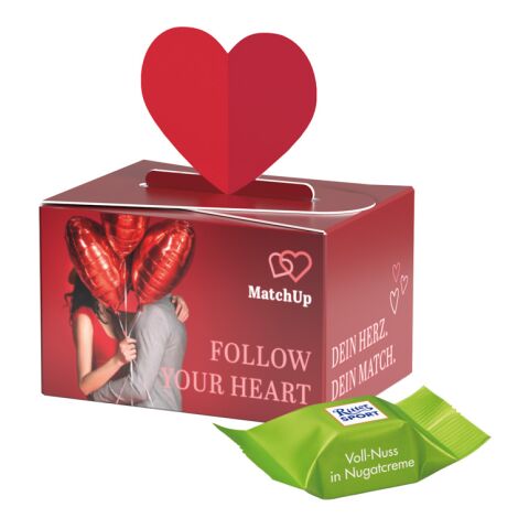 Streuartikel Geschenkbox Mini Herz – schokolade – mit bedrucktem Etikett kleine Geschenkbox für Mitarbeiter und Kunden als Werbeartikel