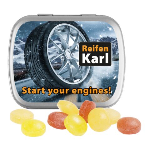 Werbeartikel Klappdose – matt-silber – mit Logo bedruckt