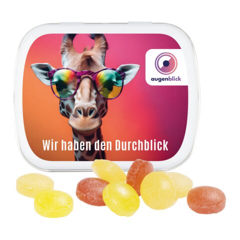 Streuartikel Klappdose – weiß – mit bedrucktem Etikett 19g Micro Bonbons als perfektes Werbegeschenk für Kunden und Geschäftspartner