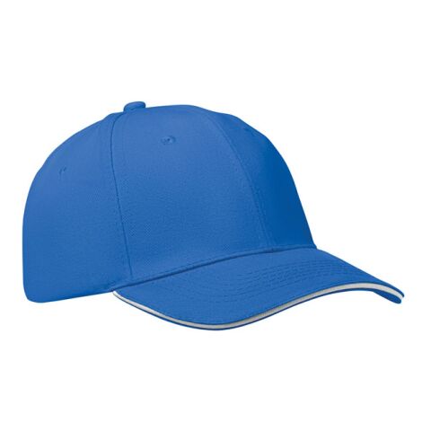 Werbeartikel 6-Panel-Baseball-Cap weiß blau – mit Logodruck 260 g/m² Baumwolle Stahl-Schnalle Größe 7 1/4 für Mitarbeiter klassisches Baseball Cap