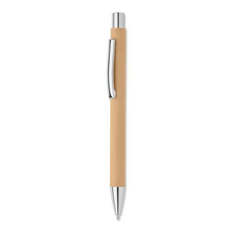 Werbeartikel Druckkugelschreiber recycelt – beige – mit Logo bedruckt, nachhaltig, aus recyceltem Papier, mit Metallclip, blaue Tinte