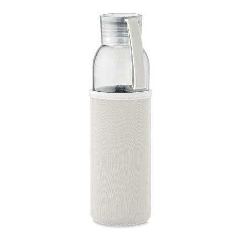 Nachhaltiger Werbeartikel Glas Trinkflasche 500 ml recyceltes Glas Neoprenhülle PP-Deckel Silikon-Schlaufe auslaufsicher BPA-frei – beige – mit Logo