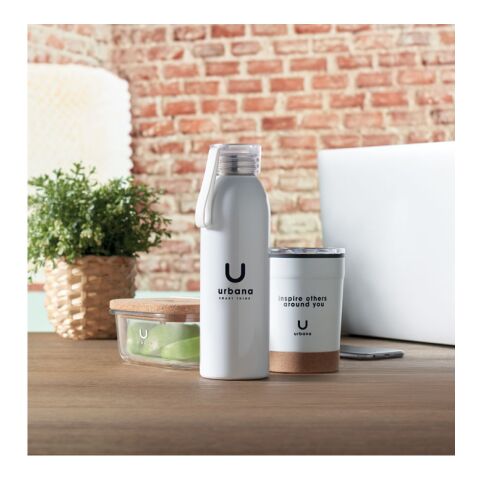 Firmengeschenk Edelstahlflasche Werbeartikel – weiß – mit Logodruck 650 ml einwandig mit Silikonaufhänger für das Mitarbeiter-Onboarding