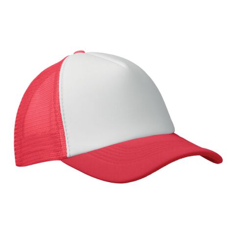 Werbeartikel Truckers Cap – rot / weiß – mit Logodruck verstellbar 5 Panele Polyester Mesh 7 1/4 klassisches Baseball Cap Firmen-Event